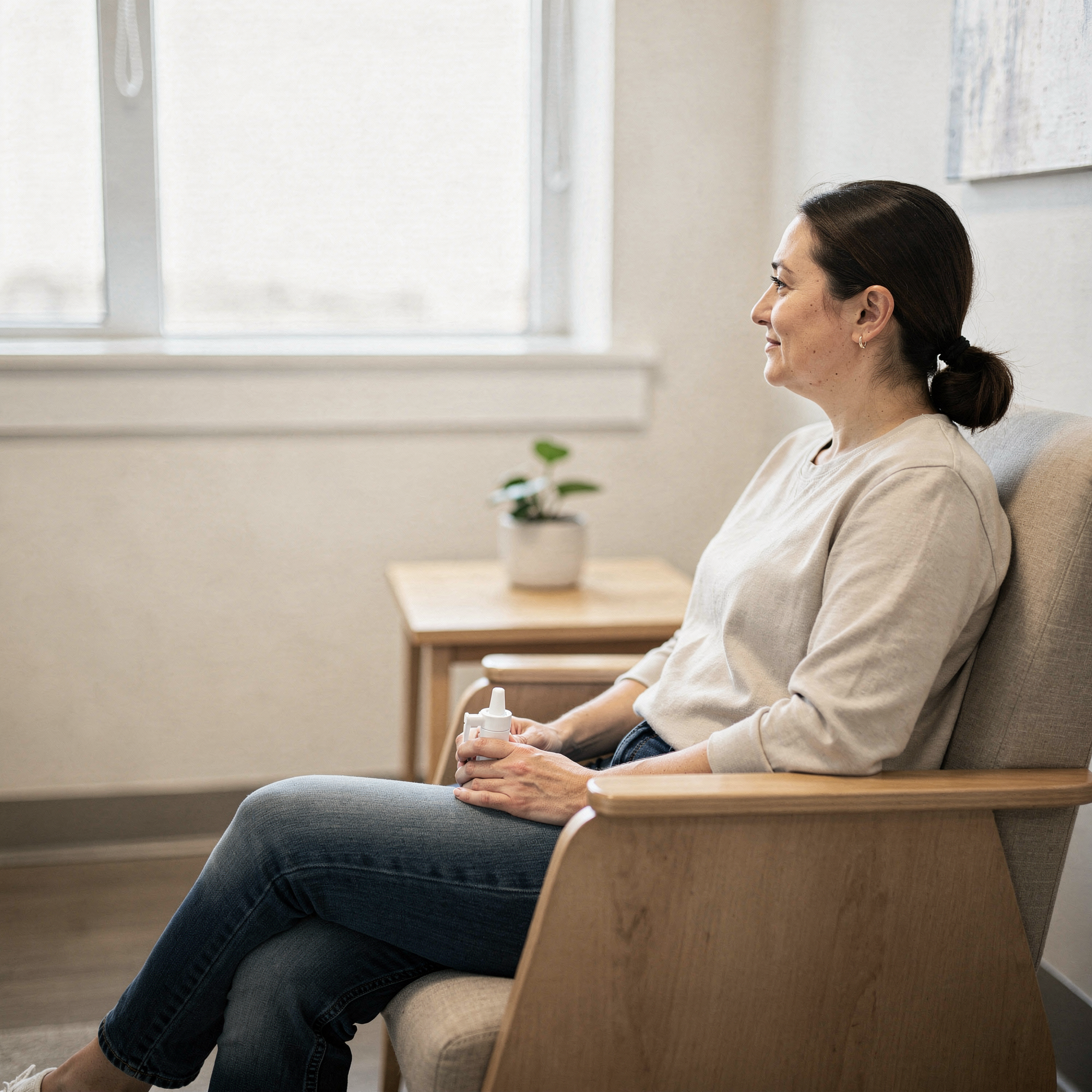 Patient sitting in a comfortable chair during a Spravato treatment consultation at Neowellnez